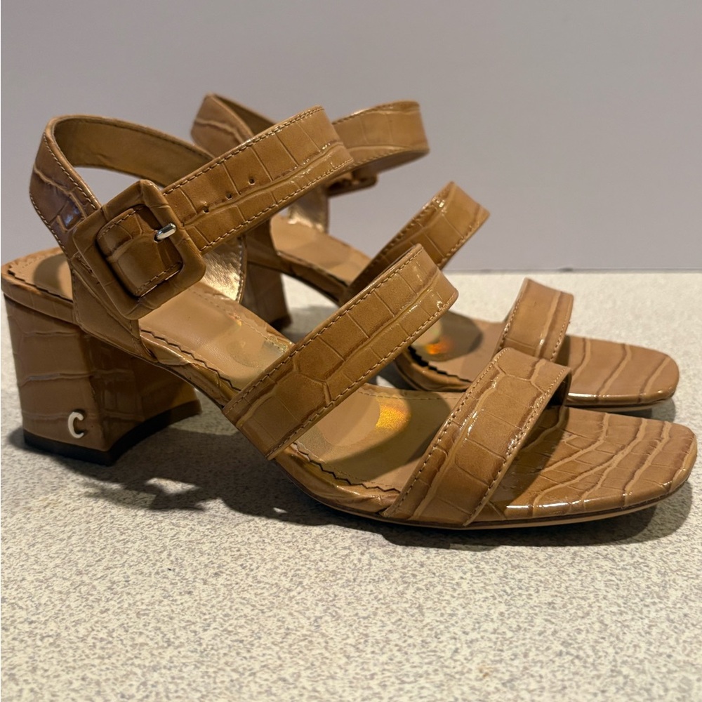 Sam Edelman Circus Tan Strappy Block Heel Sandals Sz 6.5. Tan camel croc.